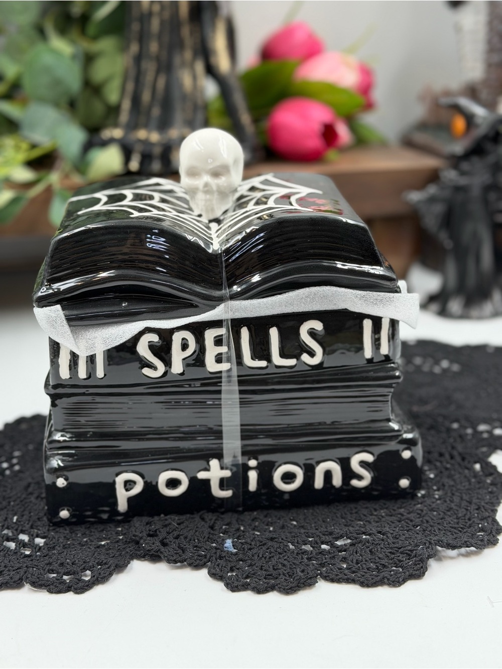 hand-painted spells & potions stacked books halloween ceramic cookie jar